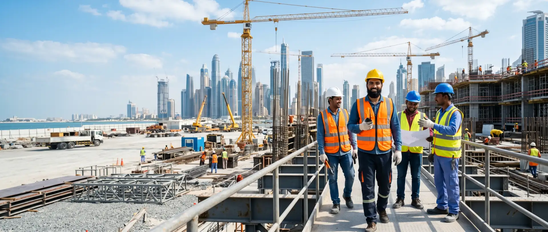 Overseas construction and MEP workers at a Gulf project site