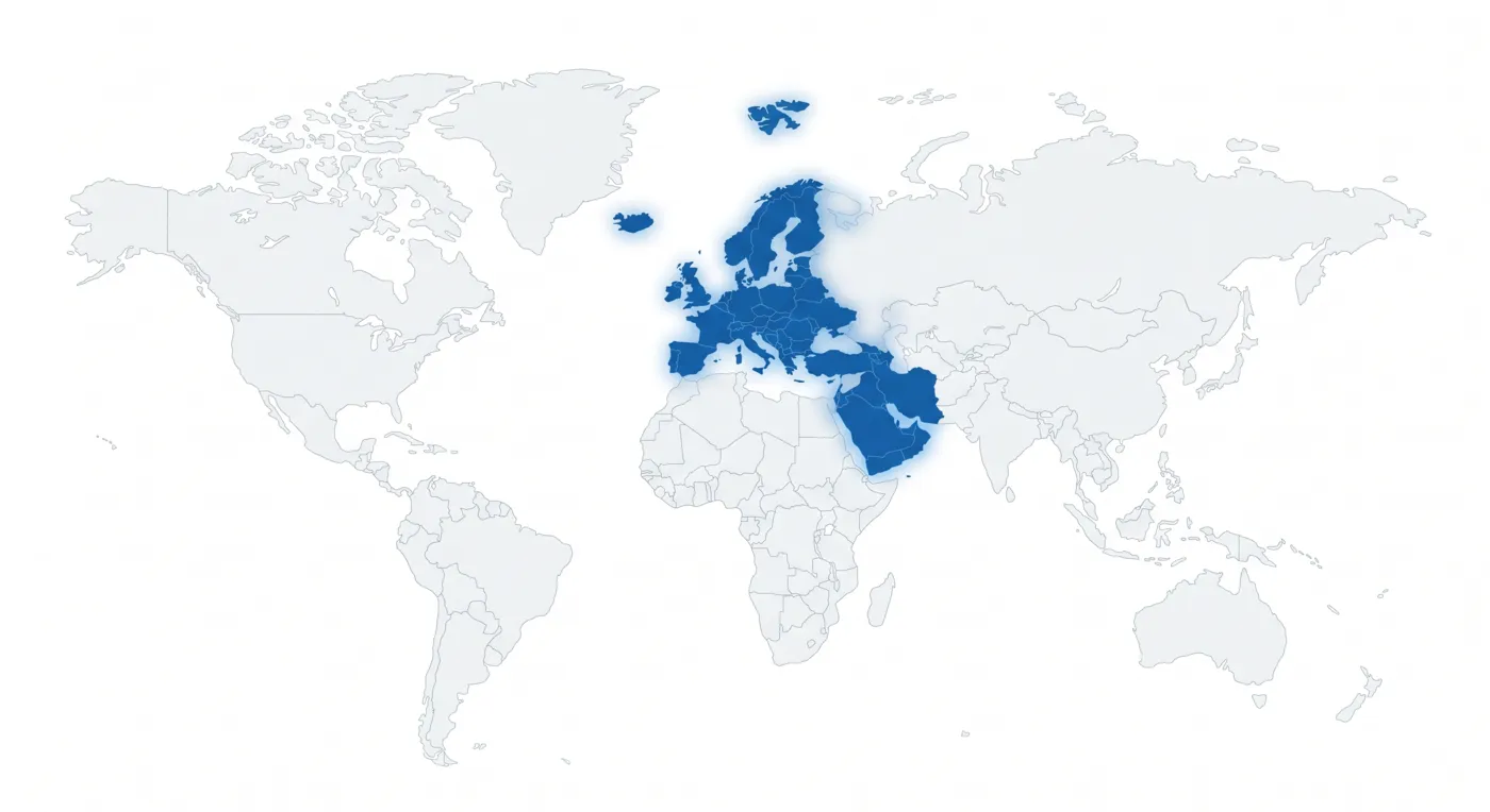 Map showing Gulf and Europe countries served by AJ Placement Services