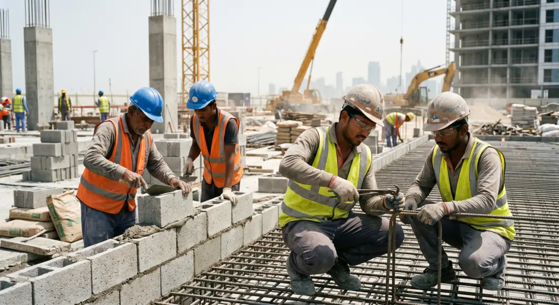Civil construction manpower, steel fixers working on a Gulf project site